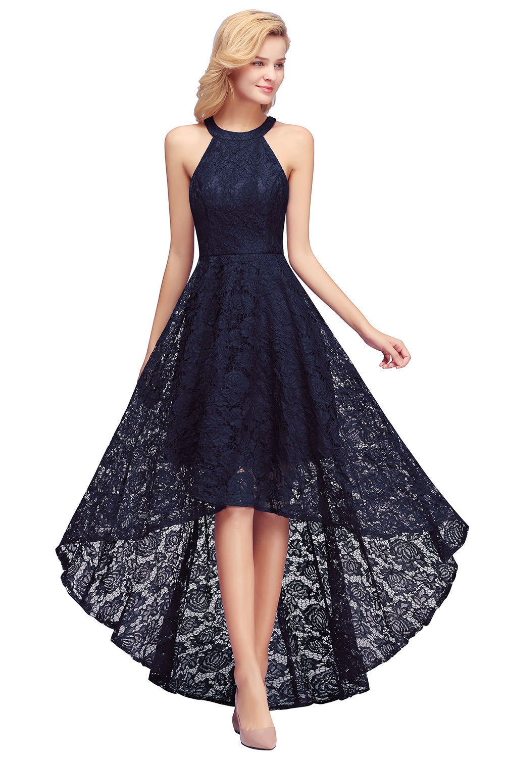 Scoop Sleeveless Hi-Lo Lace Prom Dress On Sale