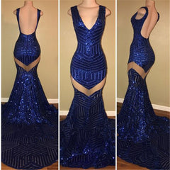 See Through Sparkle Sequins V-neck Sexy Prom Dresses Roayl Blue Backless Evening Gown