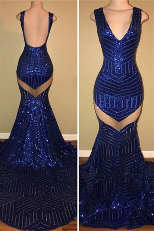 See Through Sparkle Sequins V-neck Sexy Prom Dresses Roayl Blue Backless Evening Gown