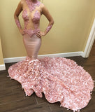 See Through Tulle Sexy Pink Prom Dresses | Lace Long Train Evening Gown FB0355