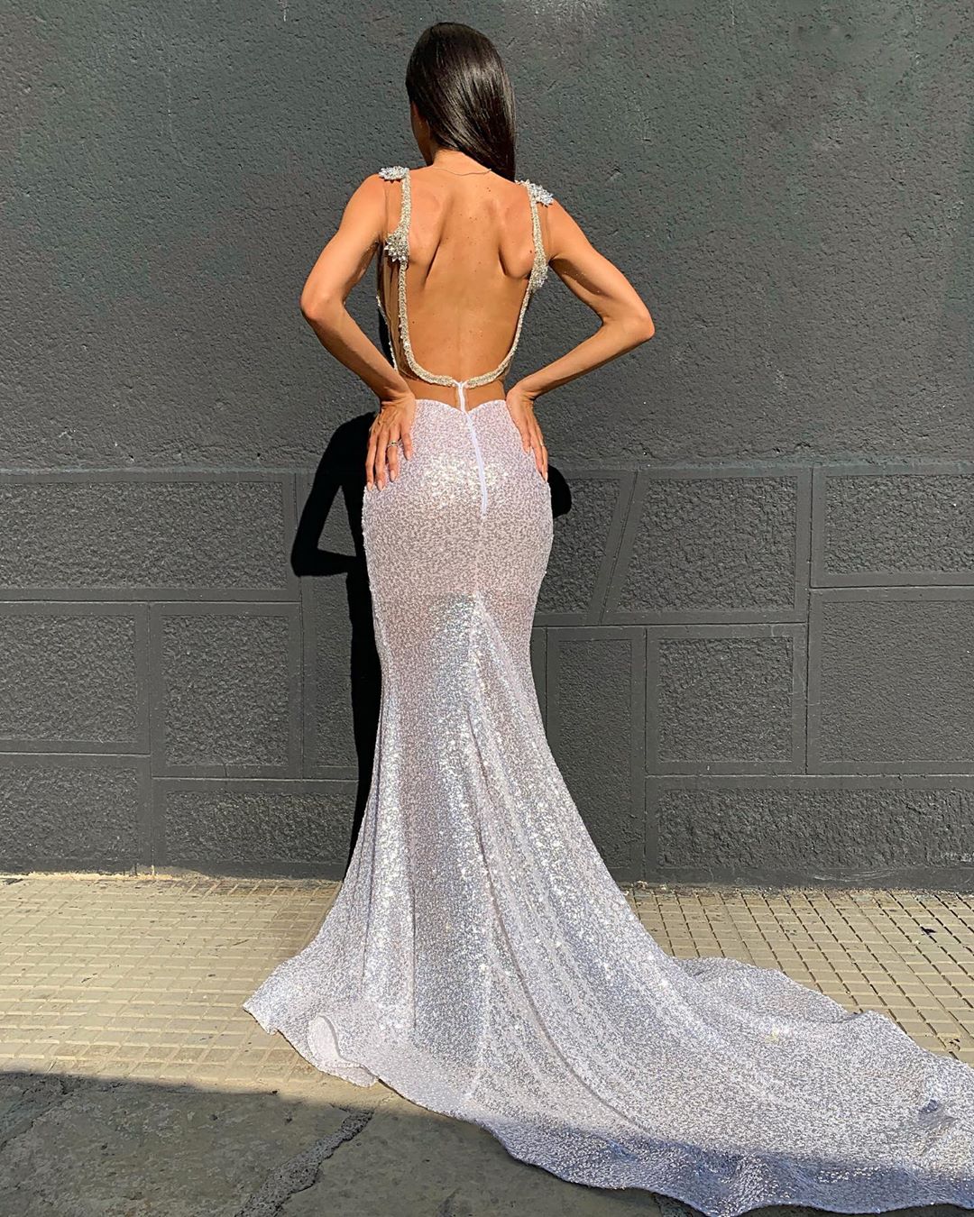 Sequin Straps Shiny Mermaid Beading-back Deep-v-neck Prom Dress BC3300