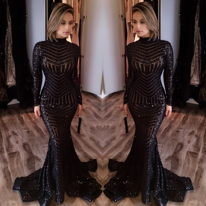 Sequined Mermaid Black Long Evenoing Dresses Sleeves High Neck Sexy Prom Dress BA4035