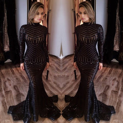 Sequined Mermaid Black Long Evenoing Dresses Sleeves High Neck Sexy Prom Dress BA4035