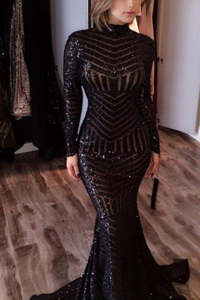 Sequined Mermaid Black Long Evenoing Dresses Sleeves High Neck Sexy Prom Dress BA4035
