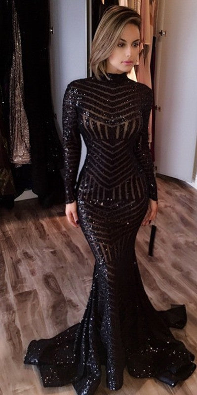 Sequined Mermaid Black Long Evenoing Dresses Sleeves High Neck Sexy Prom Dress BA4035