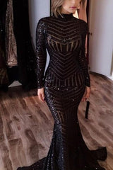 Sequined Mermaid Black Long Evenoing Dresses Sleeves High Neck Sexy Prom Dress BA4035