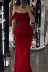 Sequined Off the Shoulder Sleeveless Long Evening Formal Dress With Split