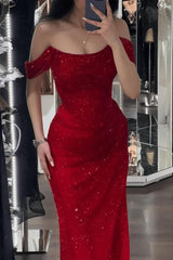 Sequined Off the Shoulder Sleeveless Long Evening Formal Dress With Split