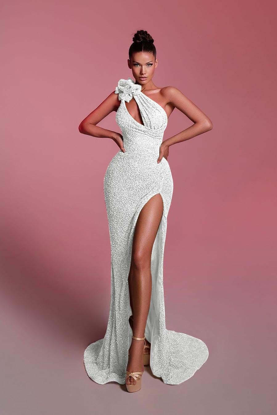 Sequined One Shoulder Sleeveless Long Evening Formal Dress With Front Split