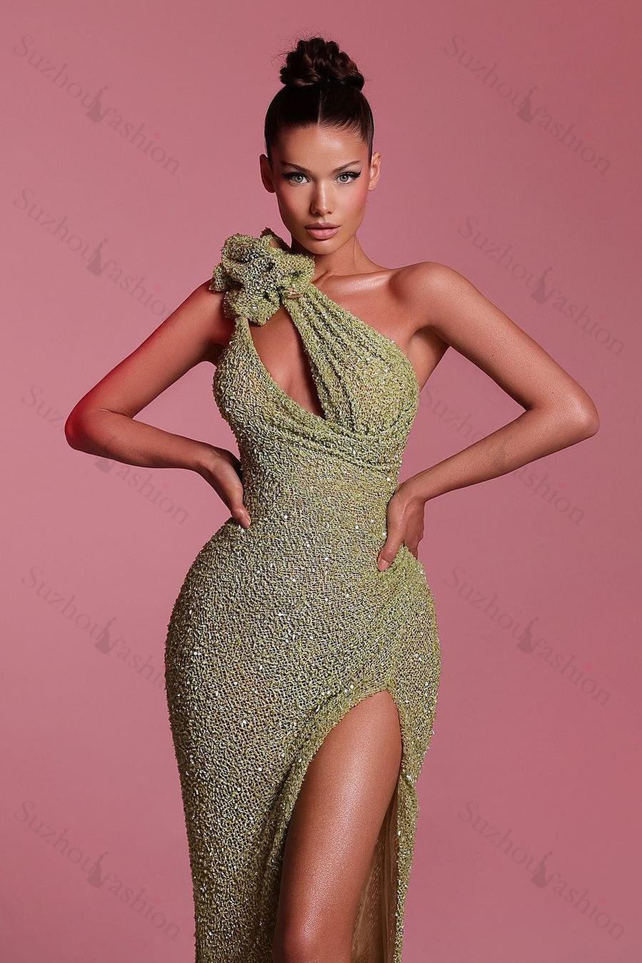 Sequined One Shoulder Sleeveless Long Evening Formal Dress With Front Split
