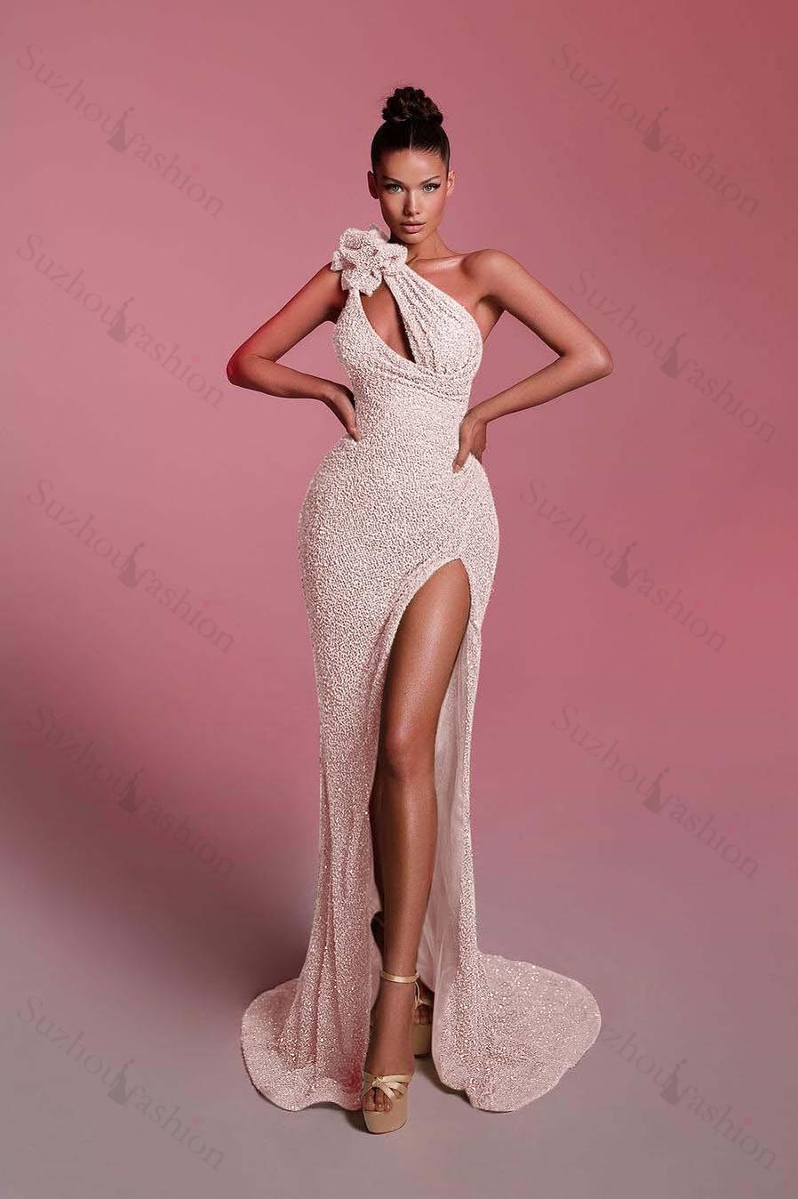 Sequined One Shoulder Sleeveless Long Evening Formal Dress With Front Split