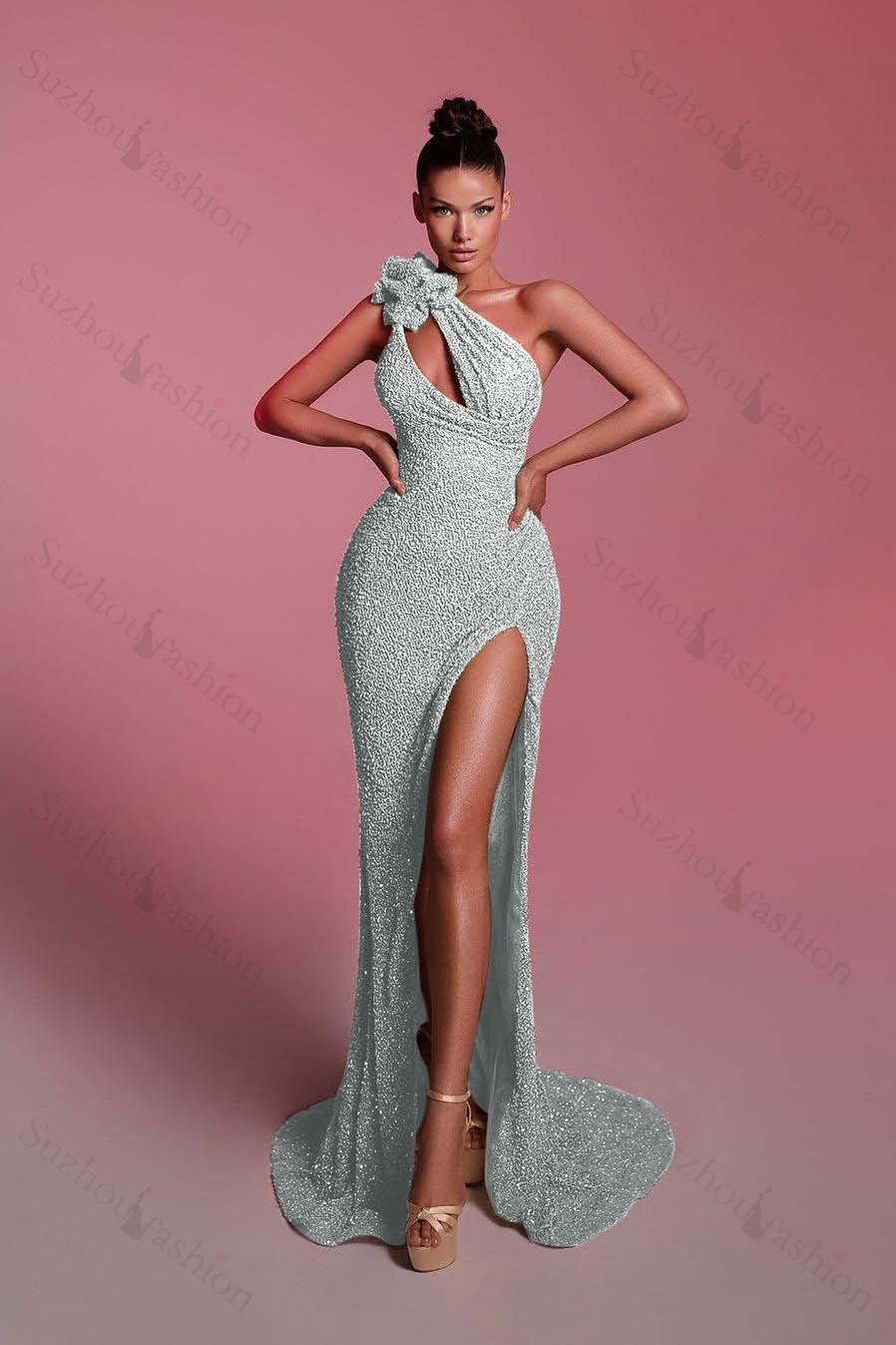 Sequined One Shoulder Sleeveless Long Evening Formal Dress With Front Split