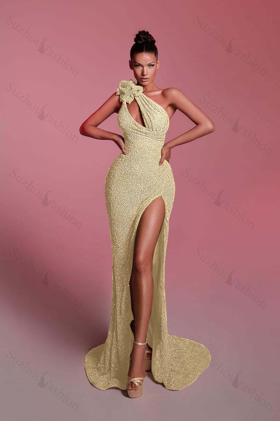 Sequined One Shoulder Sleeveless Long Evening Formal Dress With Front Split