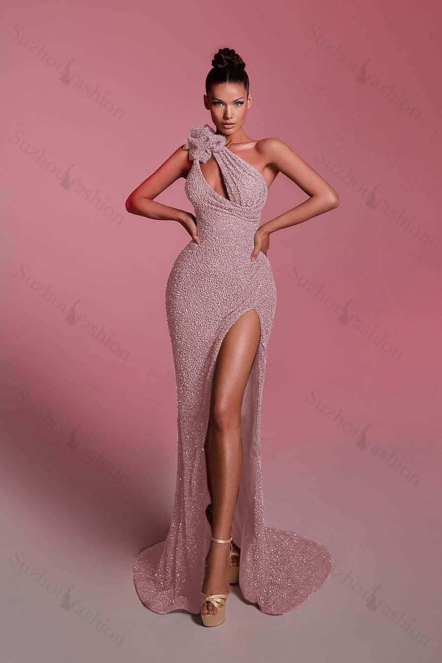 Sequined One Shoulder Sleeveless Long Evening Formal Dress With Front Split