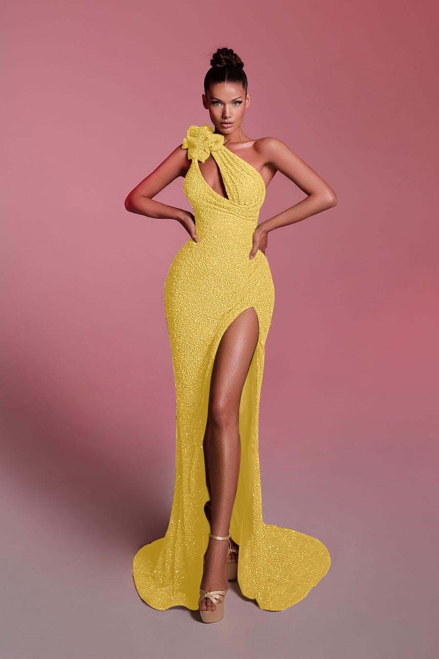 Sequined One Shoulder Sleeveless Long Evening Formal Dress With Front Split