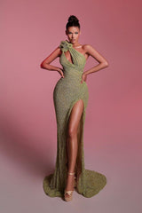 Sequined One Shoulder Sleeveless Long Evening Formal Dress With Front Split