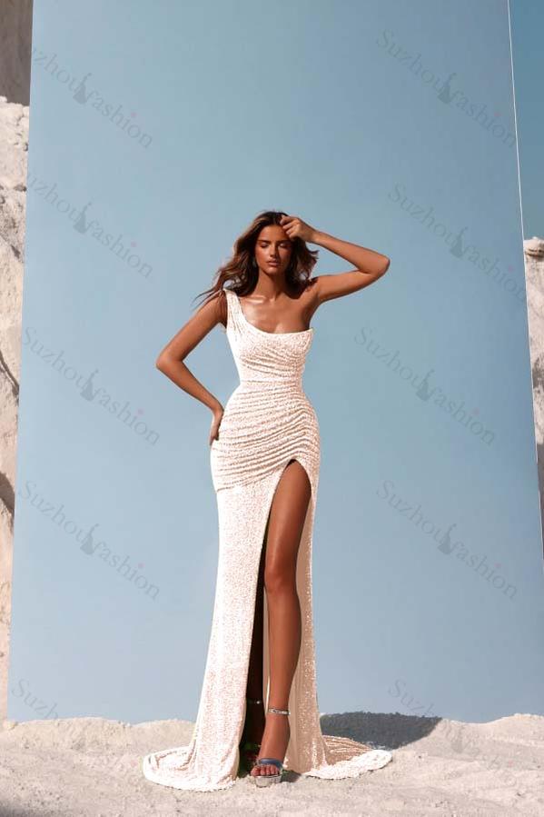 Sequined One Shoulder Sleeveless Long Evening Formal Dress With Split Pleated