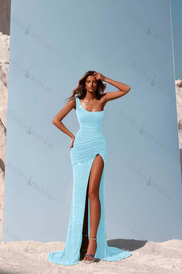 Sequined One Shoulder Sleeveless Long Evening Formal Dress With Split Pleated