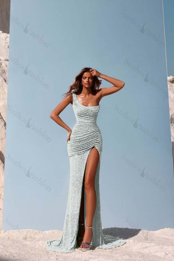 Sequined One Shoulder Sleeveless Long Evening Formal Dress With Split Pleated