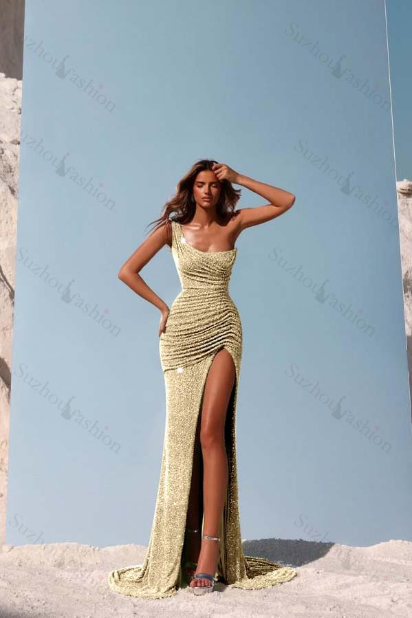 Sequined One Shoulder Sleeveless Long Evening Formal Dress With Split Pleated