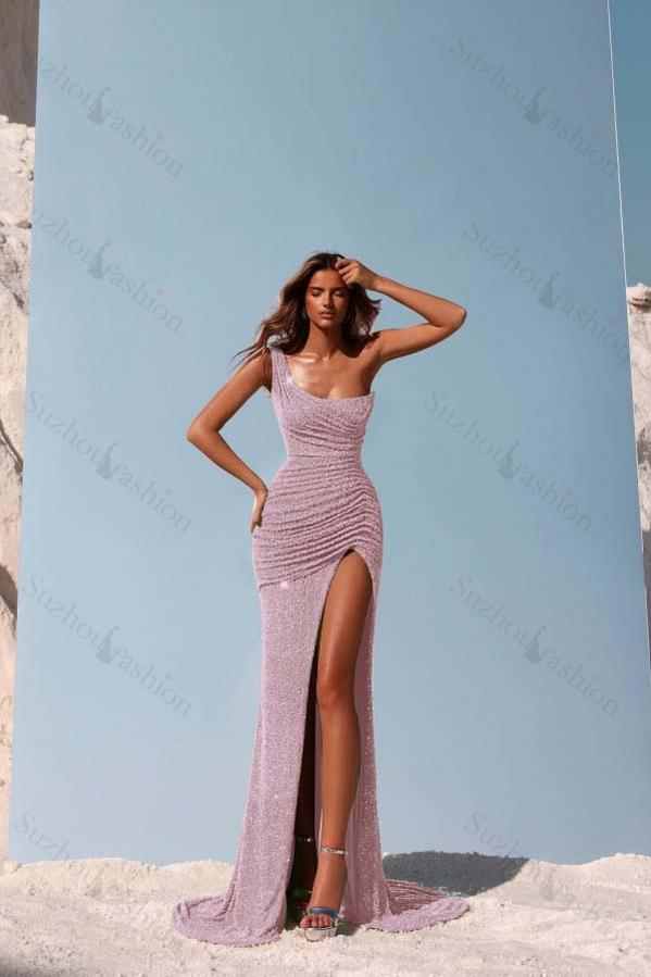 Sequined One Shoulder Sleeveless Long Evening Formal Dress With Split Pleated