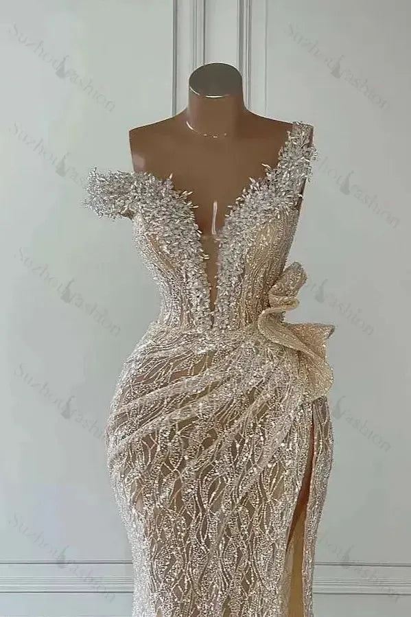 Sequined One Shoulder Sleeveless Long Mermaid Evening Formal Dress With Split