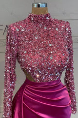 Sequined Prom Dress High Neck Long Sleeves Fuchsia Pleated Long Evening Formal Dress With Split