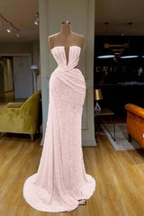 Sequined Sleeveless Gorgeous White Prom Dress Strapless Evening Formal Dress With Pleated Online