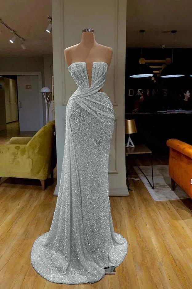 Sequined Sleeveless Gorgeous White Prom Dress Strapless Evening Formal Dress With Pleated Online