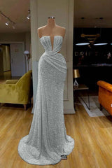 Sequined Sleeveless Gorgeous White Prom Dress Strapless Evening Formal Dress With Pleated Online