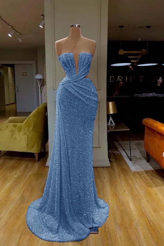 Sequined Sleeveless Gorgeous White Prom Dress Strapless Evening Formal Dress With Pleated Online