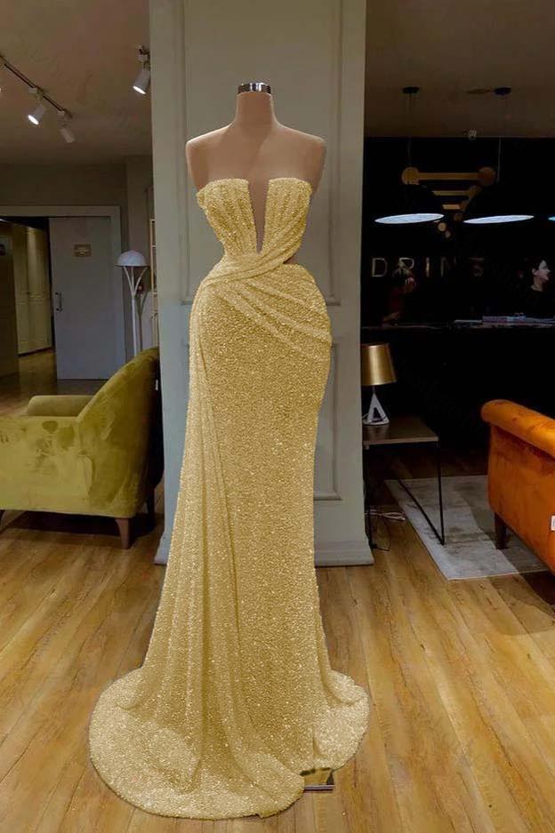 Sequined Sleeveless Gorgeous White Prom Dress Strapless Evening Formal Dress With Pleated Online