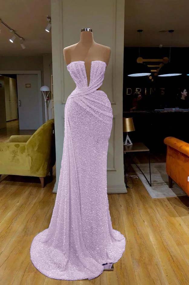 Sequined Sleeveless Gorgeous White Prom Dress Strapless Evening Formal Dress With Pleated Online