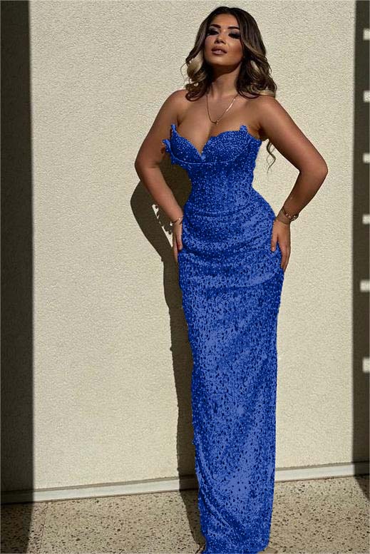 Sequined Strapless Sleeveless High Waist Long Evening Formal Dress With Beadings