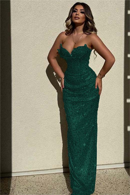 Sequined Strapless Sleeveless High Waist Long Evening Formal Dress With Beadings