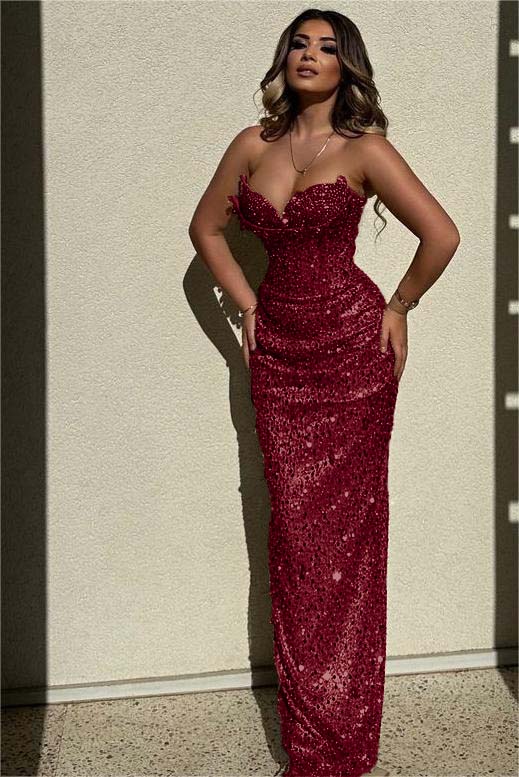 Sequined Strapless Sleeveless High Waist Long Evening Formal Dress With Beadings