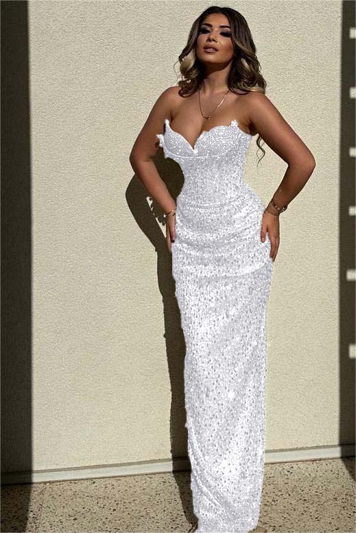 Sequined Strapless Sleeveless High Waist Long Evening Formal Dress With Beadings