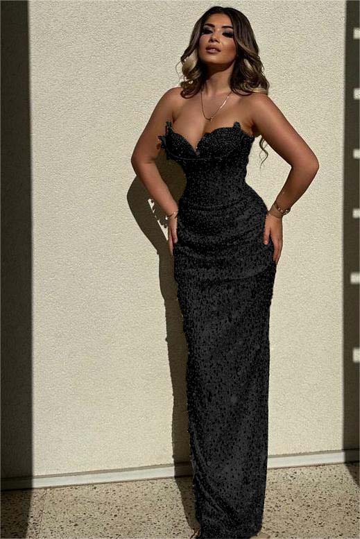 Sequined Strapless Sleeveless High Waist Long Evening Formal Dress With Beadings