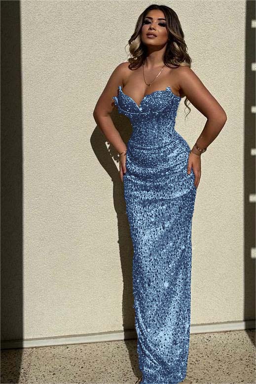Sequined Strapless Sleeveless High Waist Long Evening Formal Dress With Beadings