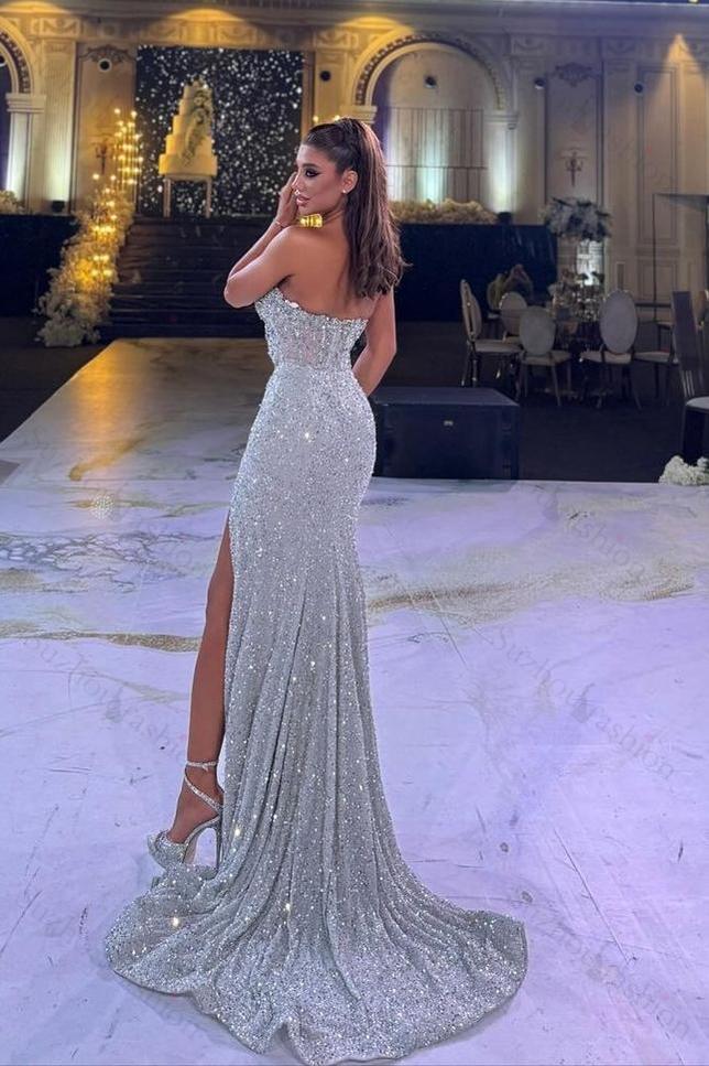 Sequined Strapless Sleeveless Split Long Evening Formal Dress With Beading