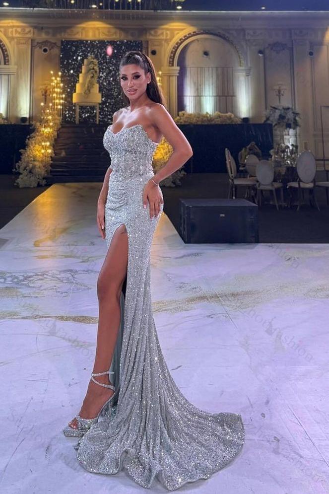 Sequined Strapless Sleeveless Split Long Evening Formal Dress With Beading