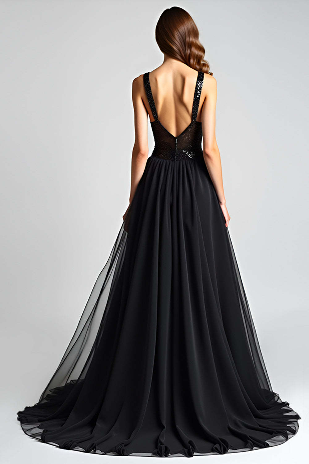 Suzhoufashion Sequins Backless Black Wedding Guest Dress A Line Long Tulle Graduation Dress