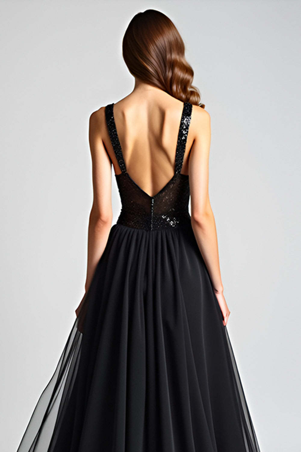 Suzhoufashion Sequins Backless Black Wedding Guest Dress A Line Long Tulle Graduation Dress