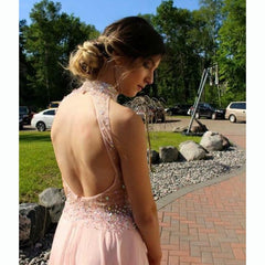 Sequins Halter Prom Dresses With Slit Chiffon Backless Evening Gowns CE061