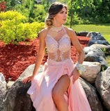 Sequins Halter Prom Dresses With Slit Chiffon Backless Evening Gowns CE061