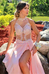Sequins Halter Prom Dresses With Slit Chiffon Backless Evening Gowns CE061