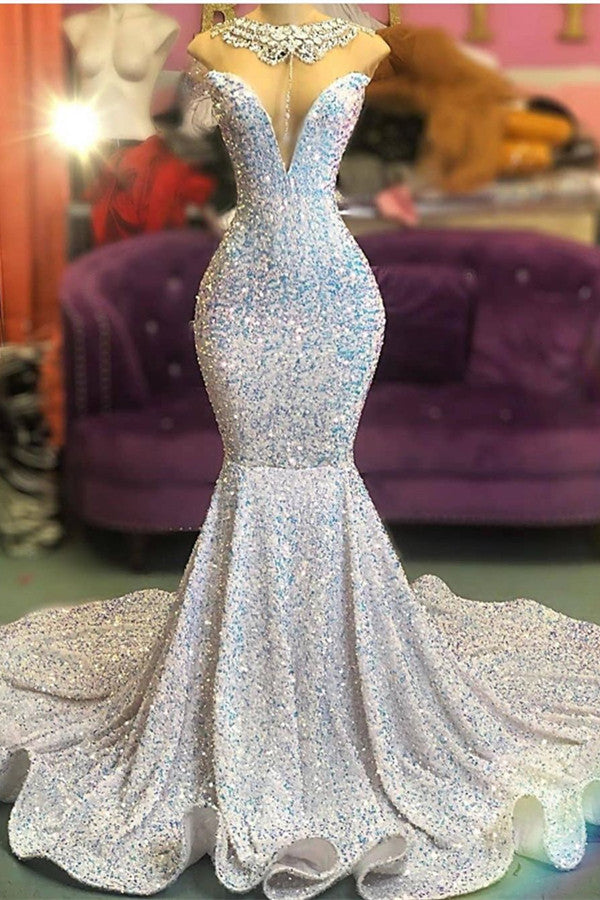 Sequins Jewel Ruffles Beading Silver Mermaid Prom Dresses