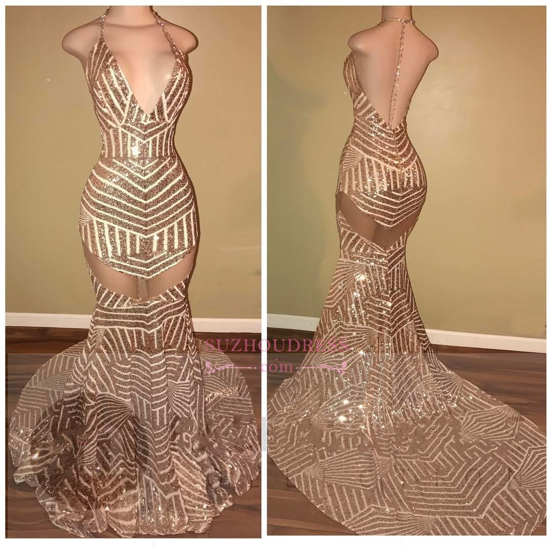 Sequins Mermaid Halter-Neck Sheer Backless Prom Dresses BA5117