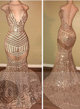 Sequins Mermaid Halter-Neck Sheer Backless Prom Dresses BA5117