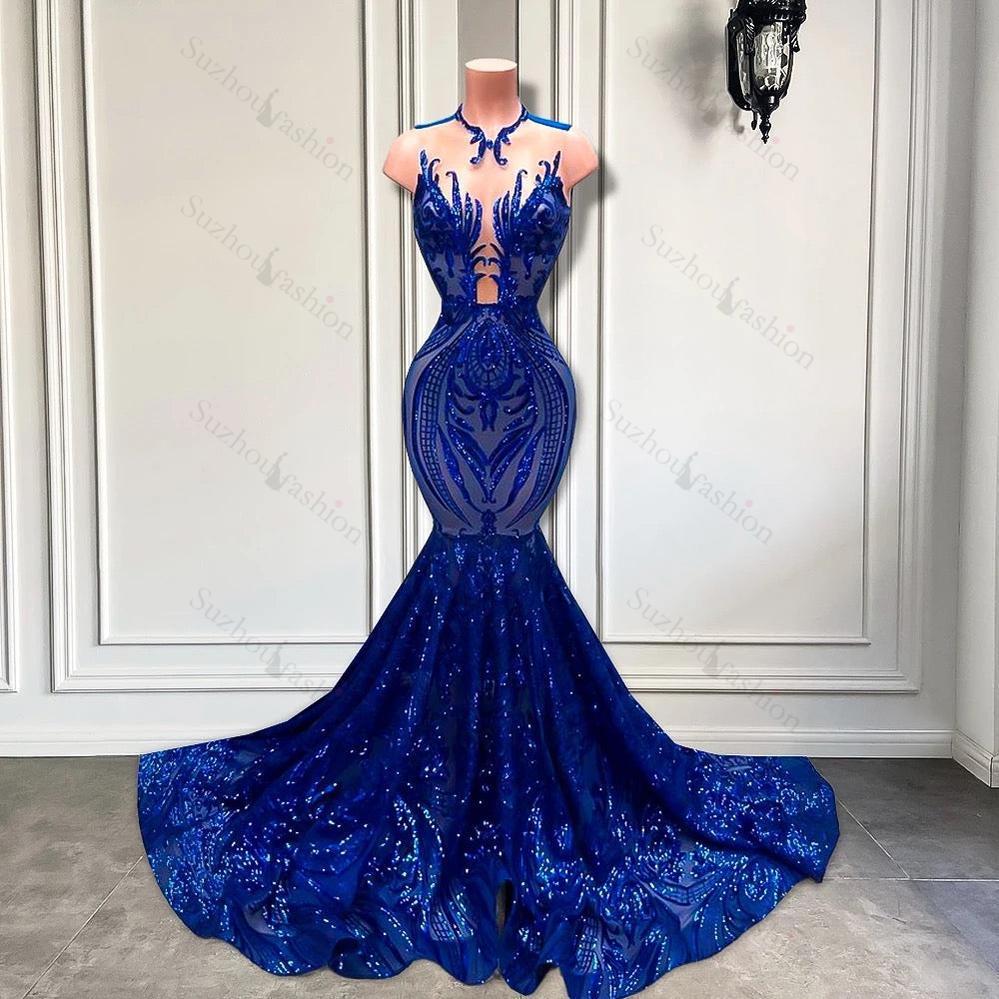 Sequins Royal Blue Sleeveless Mermaid Formal Dresses